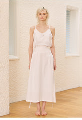 High-Waisted Linen Midi Skirt With Waist Belt And Pleated Front Panel