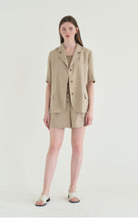 Short-Sleeve Tailored Linen Blazer with Classic Notch Lapel