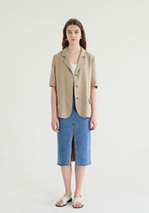 Short-Sleeve Tailored Linen Blazer with Classic Notch Lapel