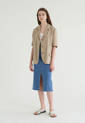 Short-Sleeve Tailored Linen Blazer with Classic Notch Lapel