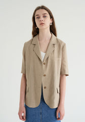 Short-Sleeve Tailored Linen Blazer with Classic Notch Lapel