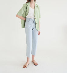 Short-Sleeve Linen Blazer With Notched Lapels And Front Pockets For Tailored Summer Styling