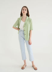 Short-Sleeve Linen Blazer With Notched Lapels And Front Pockets For Tailored Summer Styling