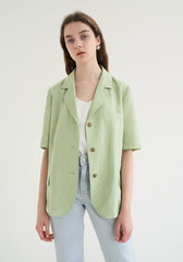Short-Sleeve Linen Blazer With Notched Lapels And Front Pockets For Tailored Summer Styling