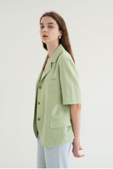 Short-Sleeve Linen Blazer With Notched Lapels And Front Pockets For Tailored Summer Styling