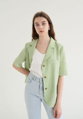 Short-Sleeve Linen Blazer With Notched Lapels And Front Pockets For Tailored Summer Styling