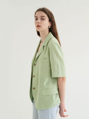 Short-Sleeve Linen Blazer With Notched Lapels And Front Pockets For Tailored Summer Styling