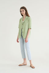 Short-Sleeve Linen Blazer With Notched Lapels And Front Pockets For Tailored Summer Styling