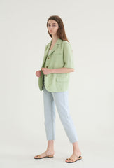 Short-Sleeve Linen Blazer With Notched Lapels And Front Pockets For Tailored Summer Styling