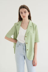 Short-Sleeve Linen Blazer With Notched Lapels And Front Pockets For Tailored Summer Styling