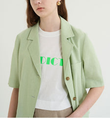 Short-Sleeve Linen Blazer With Notched Lapels And Front Pockets For Tailored Summer Styling