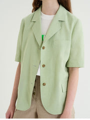 Short-Sleeve Linen Blazer With Notched Lapels And Front Pockets For Tailored Summer Styling