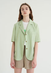 Short-Sleeve Linen Blazer With Notched Lapels And Front Pockets For Tailored Summer Styling