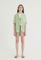 Short-Sleeve Linen Blazer With Notched Lapels And Front Pockets For Tailored Summer Styling
