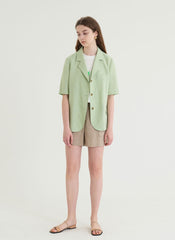 Short-Sleeve Linen Blazer With Notched Lapels And Front Pockets For Tailored Summer Styling