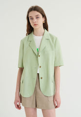 Short-Sleeve Linen Blazer With Notched Lapels And Front Pockets For Tailored Summer Styling