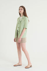 Short-Sleeve Linen Blazer With Notched Lapels And Front Pockets For Tailored Summer Styling