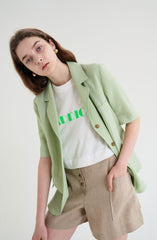 Short-Sleeve Linen Blazer With Notched Lapels And Front Pockets For Tailored Summer Styling