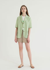 Short-Sleeve Linen Blazer With Notched Lapels And Front Pockets For Tailored Summer Styling