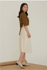 High-Waisted A-Line Linen Skirt With Back Waist Tie And Pleated Front Detail
