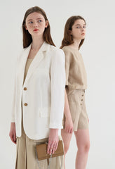 Long-Sleeve Linen Blazer With Tailored Notch Lapels And Button Front For Structured Layering