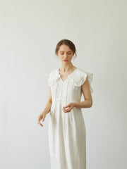 Ruffled Linen Midi Dress with Sleeveless Cut and Soft Tailored Waist for Feminine Ease