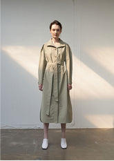 Linen Belted Trench Midi Dress with Button Front and Shoulder Pleats for Refined Fit
