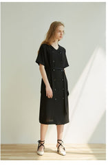 Double-Breasted Linen Midi Dress with Short Sleeves and Waist Tie for Modern Sophisticated Look