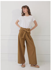 High-Waisted Wide-Leg Linen Pants with Front Tie Waist and Tailored Back Seaming