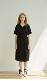 Double-Breasted Linen Midi Dress with Short Sleeves and Waist Tie for Modern Sophisticated Look