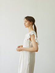 Ruffled Linen Midi Dress with Sleeveless Cut and Soft Tailored Waist for Feminine Ease