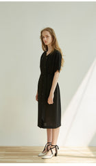 Double-Breasted Linen Midi Dress with Short Sleeves and Waist Tie for Modern Sophisticated Look