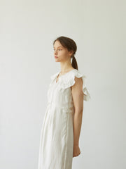 Ruffled Linen Midi Dress with Sleeveless Cut and Soft Tailored Waist for Feminine Ease