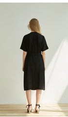 Double-Breasted Linen Midi Dress with Short Sleeves and Waist Tie for Modern Sophisticated Look