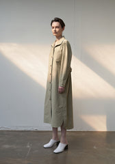Linen Belted Trench Midi Dress with Button Front and Shoulder Pleats for Refined Fit