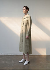 Linen Belted Trench Midi Dress with Button Front and Shoulder Pleats for Refined Fit