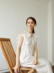 Ruffled Linen Midi Dress with Sleeveless Cut and Soft Tailored Waist for Feminine Ease