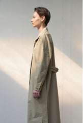 Linen Belted Trench Midi Dress with Button Front and Shoulder Pleats for Refined Fit