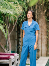 Linen Utility Jumpsuit with Short Sleeves Front Pockets and Tailored Waist