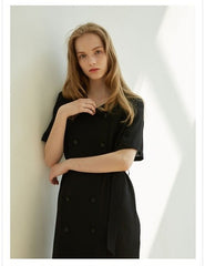 Double-Breasted Linen Midi Dress with Short Sleeves and Waist Tie for Modern Sophisticated Look