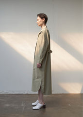 Linen Belted Trench Midi Dress with Button Front and Shoulder Pleats for Refined Fit