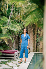 Linen Utility Jumpsuit with Short Sleeves Front Pockets and Tailored Waist