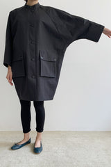 Oversized Button-Front Linen Dress for Women with Utility Pockets and Minimalist Stand Collar