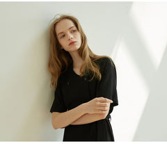 Double-Breasted Linen Midi Dress with Short Sleeves and Waist Tie for Modern Sophisticated Look