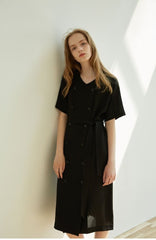 Double-Breasted Linen Midi Dress with Short Sleeves and Waist Tie for Modern Sophisticated Look