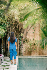 Linen Utility Jumpsuit with Short Sleeves Front Pockets and Tailored Waist