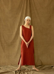 Asymmetrical One-Shoulder Midi Dress in Pure Linen with Draped Strap Detail