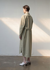Linen Belted Trench Midi Dress with Button Front and Shoulder Pleats for Refined Fit