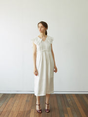 Ruffled Linen Midi Dress with Sleeveless Cut and Soft Tailored Waist for Feminine Ease