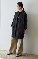 Oversized Button-Front Linen Dress for Women with Utility Pockets and Minimalist Stand Collar